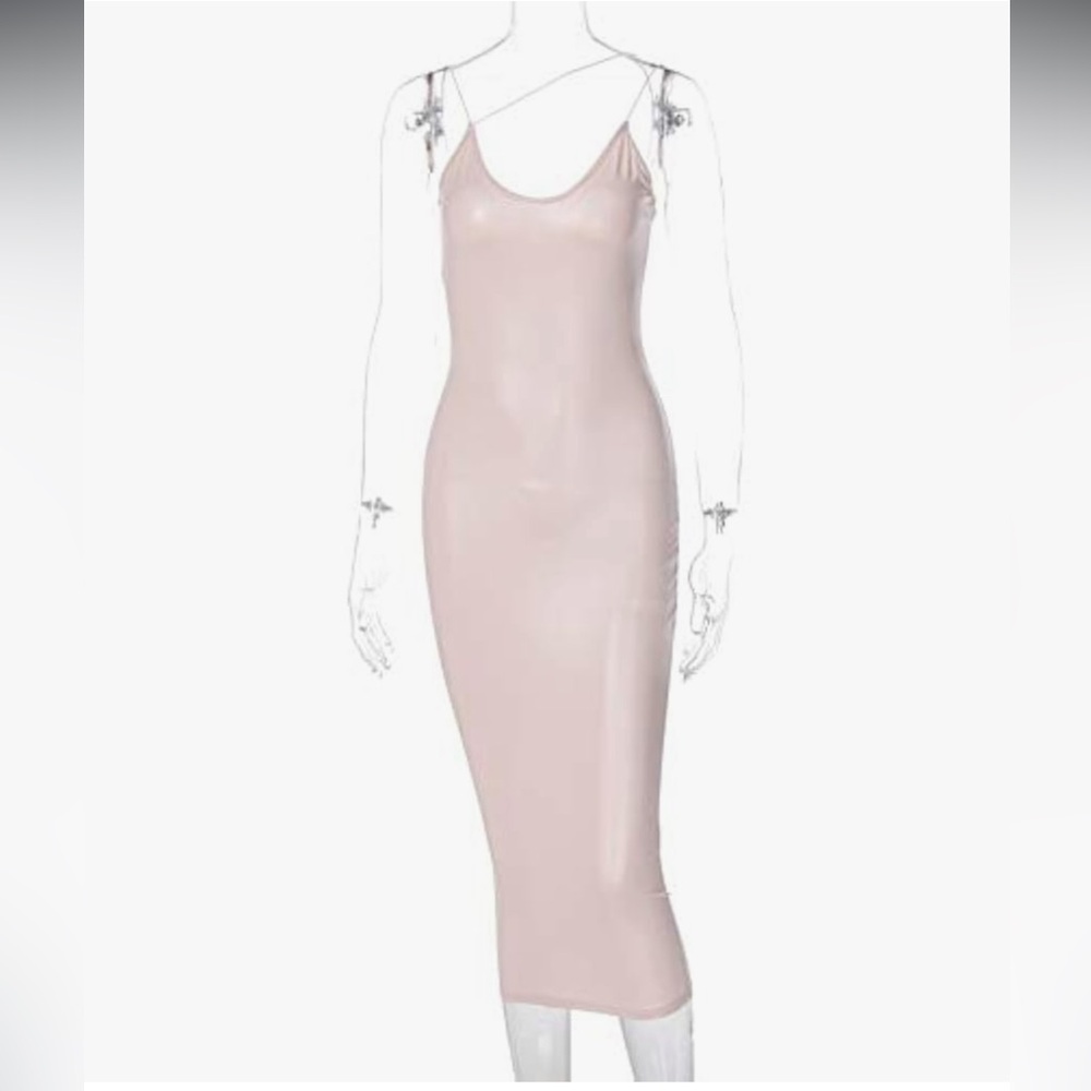 Nude stretch dress Sexy long bodycon midi sheath tank spaghetti strap slit club - Picture 1 of 2